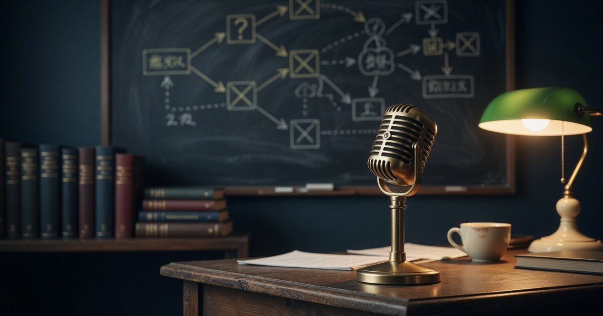 Judgment Call Podcast studio — brass microphone on a desk